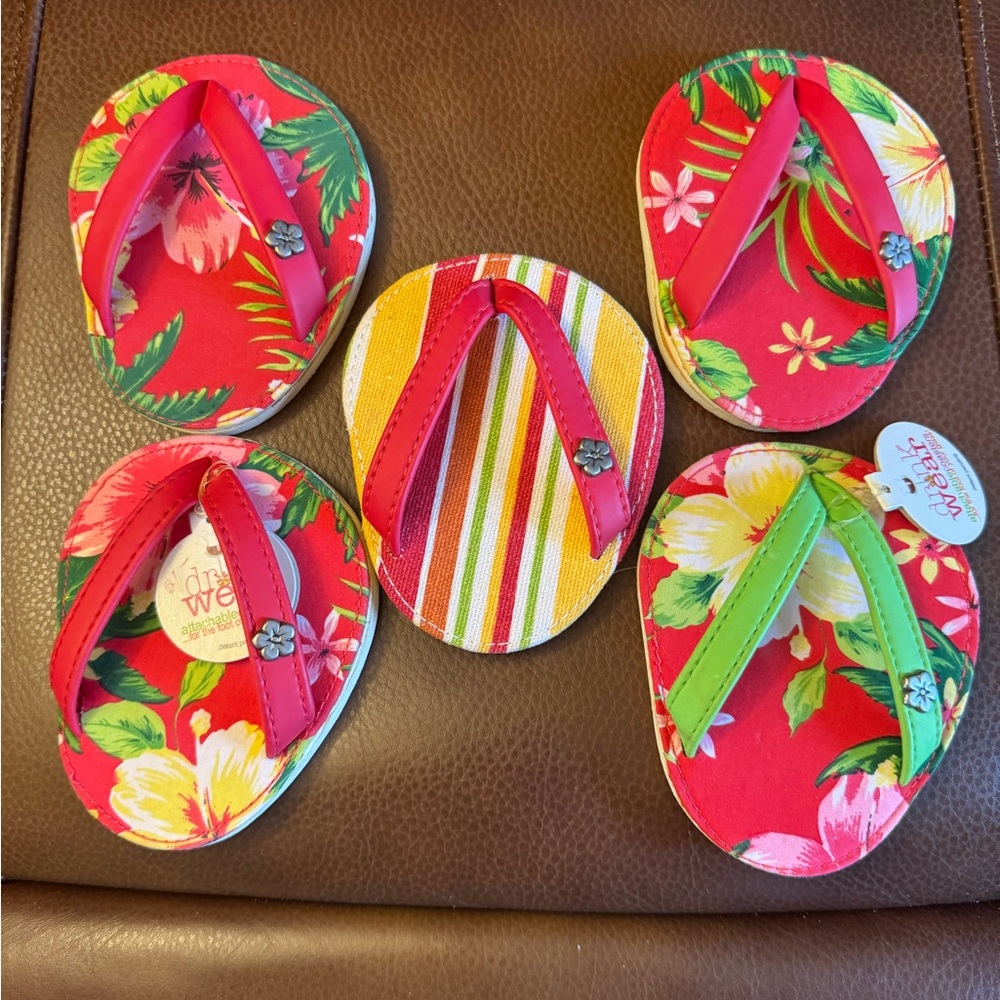 NWT set 5 tropical/beach print wine/cocktail glass “flip flop” cocktail coasters